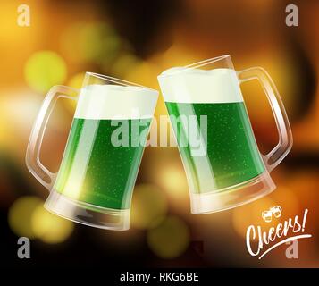 Zwei Becher mit grünem Bier, klirren Gläser, St. Patrick's Day Symbol Stock Vektor