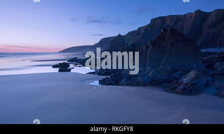 Sonnenuntergang Strand Sandymouth Cornwall Großbritannien Stockfoto