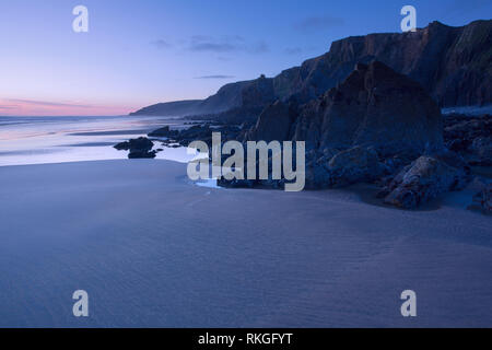 Sonnenuntergang Strand Sandymouth Cornwall Großbritannien Stockfoto