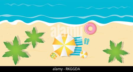 Sommerurlaub auf Palm Beach Draufsicht mit Sonnenschirm flip flops Ball und Schwimmreifen Vektor-illustration EPS 10. Stock Vektor