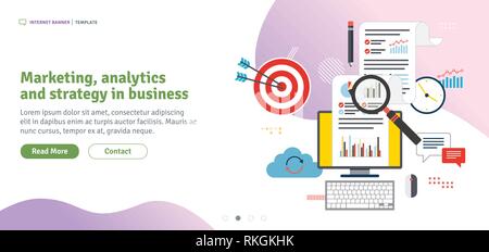 Marketing, Analyse und Strategie im Business. Die Analyse der Daten, digitales Marketing und Business Marketing. In flachen Design für Web Banner oder info Vorlage Stock Vektor