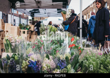 London, Großbritannien - 3. Februar 2019: Menschen, die Blumen kaufen von einem marktstände an der Columbia Road Flower Market, ein Markt im Osten Londons, der offen ist, Stockfoto