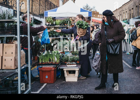 London, Großbritannien - 3. Februar 2019: Menschen, die Blumen kaufen von einem marktstände an der Columbia Road Flower Market, ein Markt im Osten Londons, der offen ist, Stockfoto