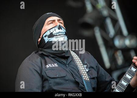 Schweden, Solvesborg - Juni 07., 2018. Body Count, die Amerikanische heavy metal band, führt ein Live Konzert während der schwedischen Musik Festival Sweden Rock Festival 2018. Hier Gitarrist Juan Garcia ist live auf der Bühne gesehen. (Foto: Gonzales Foto - Terje Dokken). Stockfoto