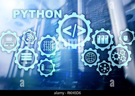 Programmiersprache Python auf server Zimmer Hintergrund. Programmierung Workflow abstrakter Algorithmus Konzept auf virtuellen Bildschirm Stockfoto