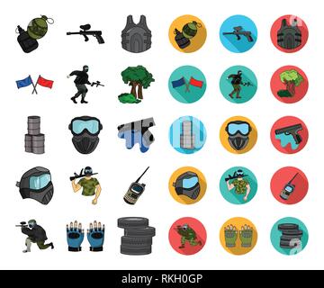 Kunst, Bälle, Fässer, Barricade, blau, Cartoon, flach, Sammlung, Wettbewerb, Design, Ausstattung, Feld, fingerlose, Fahnen, Spiel, Handschuhe, Granaten, Gewehr, Hand, Handheld, Hobby, Icon, Illustration, isoliert, Logo, Maske, Militär, Outfit, Paintball, Player, Abspielen, Rot, Satz, Zeichen, Sport, Symbol, Team, Reifen, Transceiver, Uniform, Vector, Weste, web Vektor Vektoren, Stock Vektor