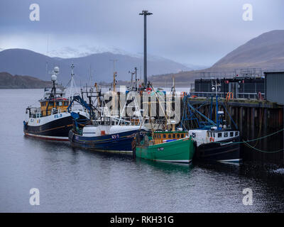 Fischerboote vertäut im Hafen von Ullapool an einem regnerischen Tag. Ullapool, Highland, Schottland. Stockfoto