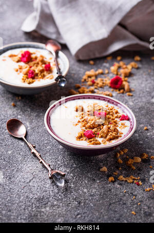 Müsli mit Joghurt und getrocknete Himbeeren Stockfoto