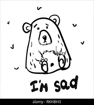 Hand gezeichnet isoliert tragen. Mit der Aufschrift Ich bin traurig. Schwarze und weiße Freihandzeichnen. Doodle Vector Illustration. Stock Vektor