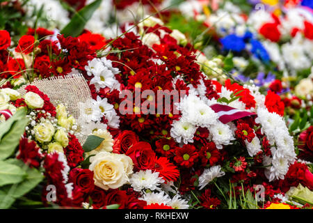 Blumenstrauß mit lettischen Flagge. Lettische Independence Day - Bild Stockfoto