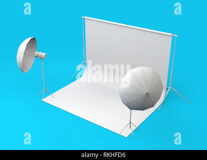 Leere fotografie Studio mit Papierrolle und Leuchten. 3D-Rendering Stockfoto