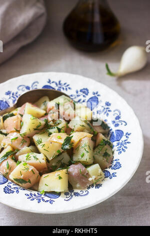 Traditionelle kalte Kartoffelsalat mit Zwiebeln und Kräutern auf einem Leinen Tischdecke Hintergrund. Im rustikalen Stil. Stockfoto