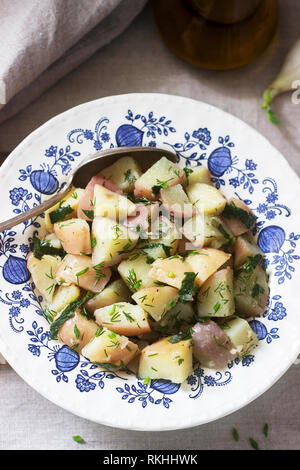Traditionelle kalte Kartoffelsalat mit Zwiebeln und Kräutern auf einem Leinen Tischdecke Hintergrund. Im rustikalen Stil. Stockfoto
