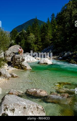 Fluss Soca, Isonzo, Triglav National Park, in der Nähe von Trenta, Soca Tal, Slowenien Stockfoto