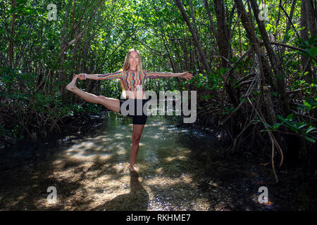 Junge Frau mit Yoga (verlängerte Hand-zu-Big-Toe Pose - Utthita Hasta Padangustasana) in einer natürlichen Umgebung - Fort Lauderdale, Florida, USA Stockfoto