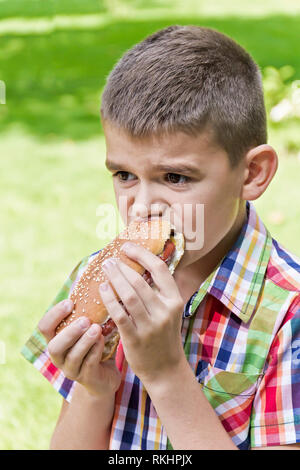 Cute boy Essen Hotdog mit Appetit auf grünem Hintergrund Stockfoto