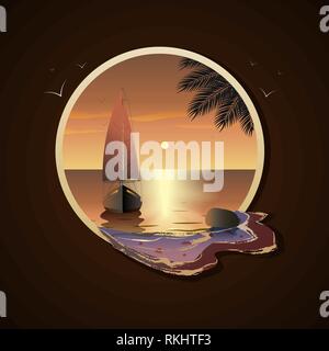 Yacht mit Segeln im Meer bei Sonnenuntergang in der Nähe einer tropischen Insel im Rahmen Stock Vektor
