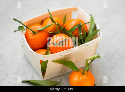 Frische Mandarinen mit Blättern in einem Korb, frische Zitrusfrüchte Stockfoto