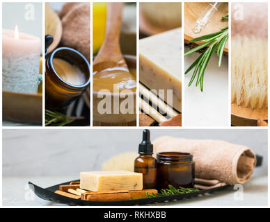 Wellness und Hautpflege Collage mit Kerze, Produkte, ätherischen Ölen und Körperpflege Zutaten, Spa und Wellness noch Leben Stockfoto