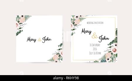 Hochzeit Einladung, Datum speichern. Vektor. Rosa Rose, Olive verlässt. Aquarell Stil. Stock Vektor