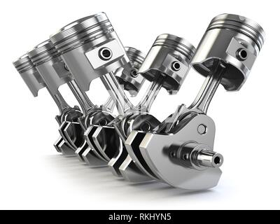 V6-Motor Kolben und Kurbelwelle auf weißem Hintergrund. 3D-Darstellung  Stockfotografie - Alamy