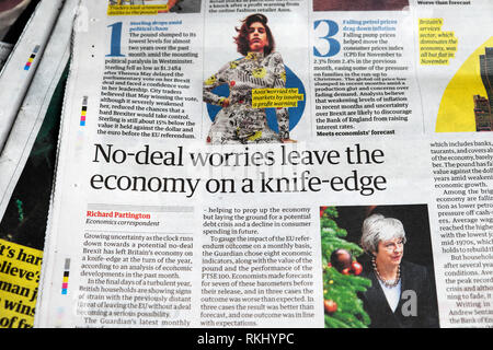 'No-deal Sorgen lassen die Wirtschaft auf Messers Schneide' Guardian Artikel 2018 London Großbritannien Englanbd Stockfoto