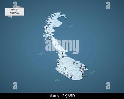 Isometrische 3D-Norwegen Karte, Vector Illustration mit Städten, Ländergrenzen, Kapital, administrative divisions und Zeiger markiert; Gradient blauen Hintergrund. Co Stock Vektor