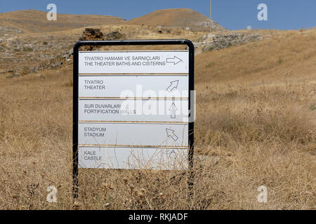 Information Board an die archäologische Stätte von Tripolis auf der Mäander, Yenicekent, Türkei. Stockfoto