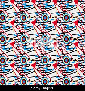 Vektor nahtlose Retro 80er Durcheinander geometrische Linie Formen Blau Rot Farbe Hipster Muster auf weißem Hintergrund eps 10ct Stock Vektor