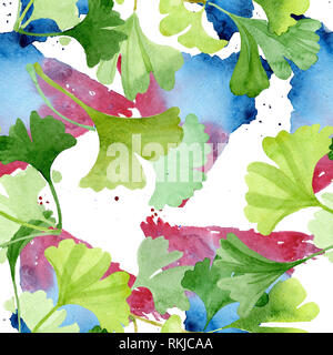 Ginkgo biloba grüne Blätter. Aquarell Hintergrund Abbildung. Nahtlose Muster. Stockfoto