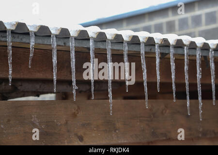 Tauwetter. Eiszapfen auf dem Dach. Eiszapfen, Tropfen ... Stockfoto