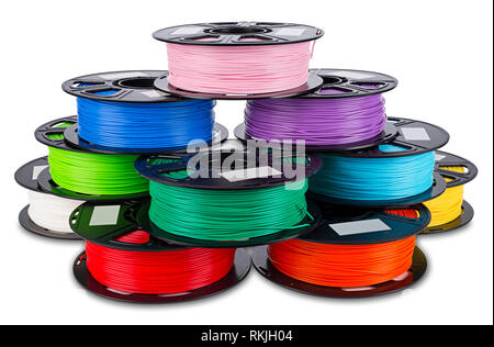 Bunte helle Ablagestapel des Schiebers 3d Drucker pla abs-filament Kunststoff auf weißem Hintergrund Stockfoto