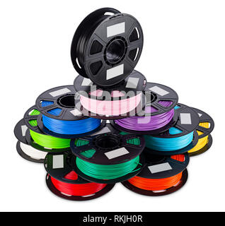 Bunte helle Ablagestapel des Schiebers 3d Drucker pla abs-filament Kunststoff auf weißem Hintergrund Stockfoto