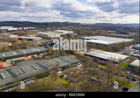 Eine Luftaufnahme eines typischen Industrial Estate am Rande eines britischen Stadt in Thüringen. Stockfoto