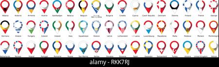 Flaggen in der Form einer pin aus den Ländern des geographischen Europas mit ihren Namen unten geschrieben Stock Vektor