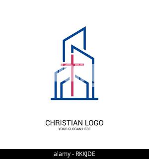 Christliche Kirche Logo. Bibel Symbole. Kreuz von Jesus Christus auf dem Hintergrund von Gebäuden. Stock Vektor