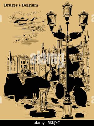 Blick auf Sehenswürdigkeiten Grote Markt in der mittelalterlichen Stadt Brügge, Belgien. Pferde, Kutschen und Laternen auf dem Marktplatz in Brügge. Vektor Gravur illu Stock Vektor