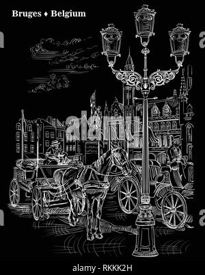Blick auf Sehenswürdigkeiten Grote Markt in der mittelalterlichen Stadt Brügge, Belgien. Pferde, Kutschen und Laternen auf dem Marktplatz in Brügge. Vektor Gravur hand Stock Vektor