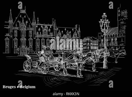 Blick auf Sehenswürdigkeiten Grote Markt in der mittelalterlichen Stadt Brügge, Belgien. Pferde, Kutschen und Laternen auf dem Marktplatz in Brügge. Vektor Gravur hand Stock Vektor