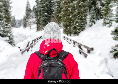 Frau im Winter warme Jacke, Grau Schirmmütze mit Rucksack wandern in schneereichen Winter Berge Stockfoto