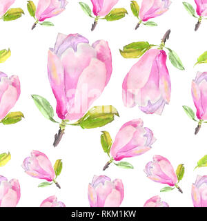 Aquarell nahtlose Muster mit Abbildung: zartes Rosa Magnolia Blumen auf weißem Hintergrund Stockfoto