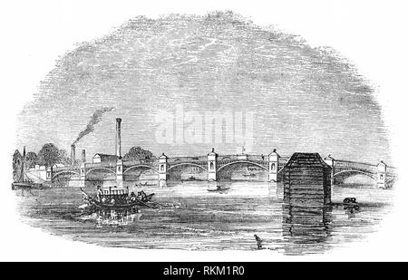 Die alte Vauxhall Bridge überquerte den Fluss Themse zwischen Vauxhall auf der South Bank und Pimlico am Nordufer. Auf dem Gelände einer ehemaligen Fähre es zwischen 1809 und 1816 gebaut wurde. John Rennie wurde beauftragt, Design und eine neue Brücke aus Stein bauen, aber nach finanziellen Schwierigkeiten ein neues Design für eine eiserne Brücke vorgelegt, einen Plan, der abgelehnt wurde. Der Bau begann auf einem eisernen Brücke entworfen von Samuel Bentham, aber seine Entwicklung war zum zweiten Mal bis James Walker, eine schottische Bauingenieur, wurde mit der Gestaltung und der erste Iron Bridge über die Themse bauen aufgegeben. Stockfoto