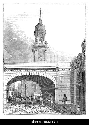 Der Clock Tower, 1706 erbaut, des Heiligen Magnus, der Märtyrer auf Lower Thames Street durch einen Bogen der neuen London Bridge gesehen im Jahr 1831 von einem Design von John Rennie geöffnet. Stockfoto