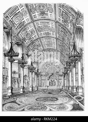 Die Konzerthalle in St. George's Hall, in Lime Street, im Zentrum der englischen Stadt Liverpool. Im neoklassischen Stil erbaut, der Grundstein gelegt die Krönung von Königin Victoria im Jahr 1838 zu gedenken. Sir Charles Cockerell wurde weitgehend verantwortlich für die Dekoration des Innenraums. Das Dach ist ein Tunnel vault durchgeführt auf Säulen aus poliertem rotem Granit, die Wände haben Nischen für Statuen und den Getäfelten Stuckverzierung der Vault hat allegorische Figuren der Tugenden, der Wissenschaft und der Künste und der hoch dekorierte Stock besteht aus über 30.000 Minton Fliesen. Die Halle wurde im Jahre 1854 eröffnet. Stockfoto