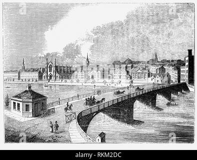 Glasgow Brücke entworfen von Thomas Telford, wurde im Jahr 1836 als Ersatz für eine frühere Brücke auf der gleichen Seite geöffnet. Auch als broomielaw Brücke oder Telford's Bridge, es sieben Bögen an angehäuft Fundament bestand bekannt. Die Brücke hatte eine beträchtliche Menge an Traffic über den Fluss Clyde aus Jamaika Street Bridge Street. Stockfoto