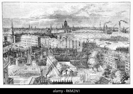 Ein stadtbild von London, England mit Straßen und die Themse vom Herzog von York Spalte in der Mall, London, England gesehen. Die Spalte wurde im Dezember 1832 mit einer Wendeltreppe von 168 Schritte abgeschlossen, leuchtet durch schmale Öffnungen in der Wand, das führte zu der Aussichtsplattform rund um den Sockel der Statue des Herzogs von York. Stockfoto