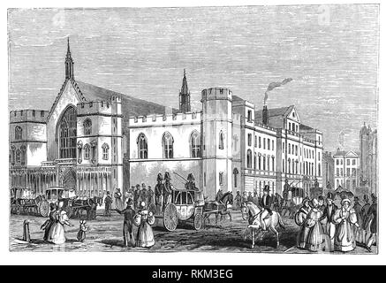 Die alten Unterhaus und Oberhaus. Allgemein als die Häuser des Parlaments nach seiner Insassen bekannt, der Palast liegt am Nordufer der Themse in Westminster, im Zentrum von London, England. Am 16. Oktober 1834, brach ein Feuer aus und beide Häuser des Parlaments wurden zerstört. Im Jahre 1840 wurde der Grundstein für ein neues Parlament von Charles Barry auf die neo-klassische Prinzip der Symmetrie zugrunde gelegt. Obwohl die meisten der Arbeiten, die 1860 durchgeführt worden war, wurde der Bau noch nicht abgeschlossen, bis ein Jahrzehnt danach. Stockfoto