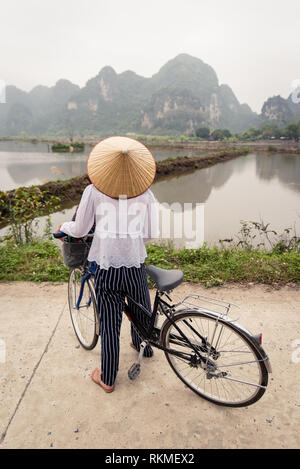 Vietnamesische Frau mit traditionellen konischen Strohhut auf dem Fahrrad. Die schöne Landschaft der Reisfelder und Bergwelt im Naturschutzgebiet Trang Ein und Stockfoto