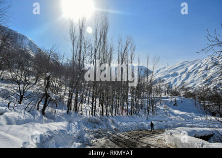 Ein Bewohner gesehen zu Fuß durch den Schnee der Straße an einem sonnigen Wintertag am Stadtrand von Srinagar, Indien verwalteten Kaschmir abgedeckt. Wetter im Kaschmir-tal hat Verbesserung nach die schwersten Schneefälle gezeigt. Die wichtigsten National Highway, die das Tal mit dem Rest des Landes verbindet blieb zum sechsten Mal in Folge Tag nach einer Lawine sieben Menschen, darunter auch die drei Polizisten töten geschlossen, die zwei Feuerwehrmänner und die beiden Gefangenen. Das Wetter hat man heftige Regen- und Schneefälle von Feb 13 Prognose. Stockfoto