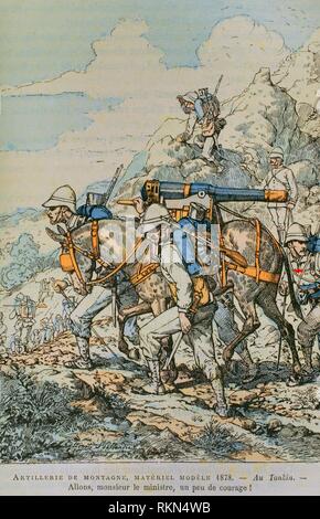 Ejército francés. Artillería de Montaña. Transporte ein LOMOS de una Mula del Material modelo 1878. Ilustración eine Farbe de la'Armeé Française, Nos Soldats' (Ejército Francés, Nuestros Soldados). Autor, Eugene Hennebert (1826-1896). París, h. 1890. Ilustración Hussenot firmada por y Pallandre. Biblioteca Histórico Militar de Barcelona, Cataluña, Spanien. Stockfoto